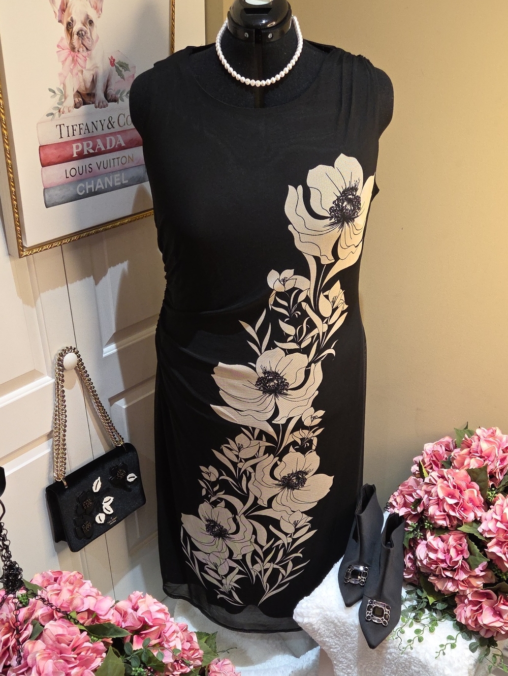 Nwt 2X Rachel Zoe Black Maxi Dress with Cream Floral Motif - Picture 2 of 16